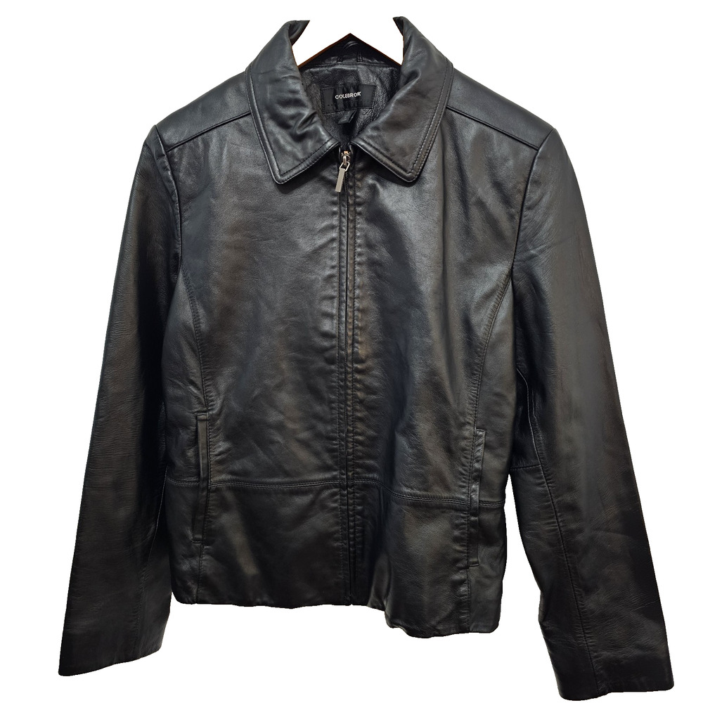 Womens COLEBROOK & CO Leather Jacket L Black Soft Leather Y2K Minimalist Moto